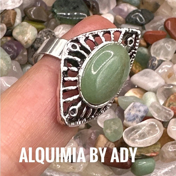 Adjustable Victorian Celtic cocktail vintage silver gem ring Aventurine - Picture 2 of 5